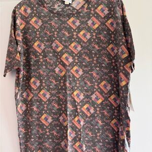 LuLaRoe Women’s Coral Charcoal Irma Tee with Geometric Pattern Size XXS